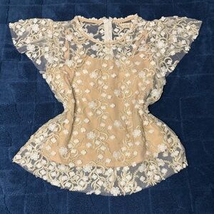 Altar’d State Women Tan Floral Sheer Mesh Ruffle Sleeve Blouse